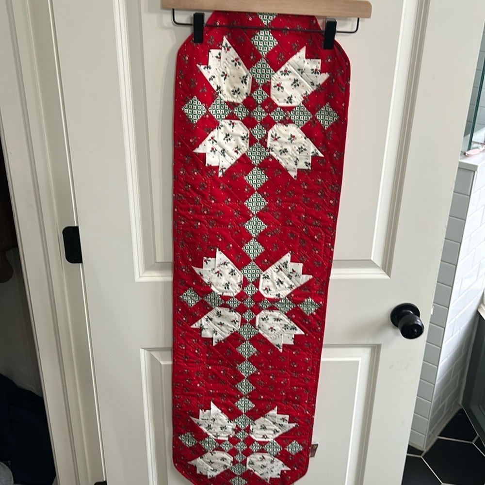 Beautiful handmade table runner 13x53 inches. Red, green & white.